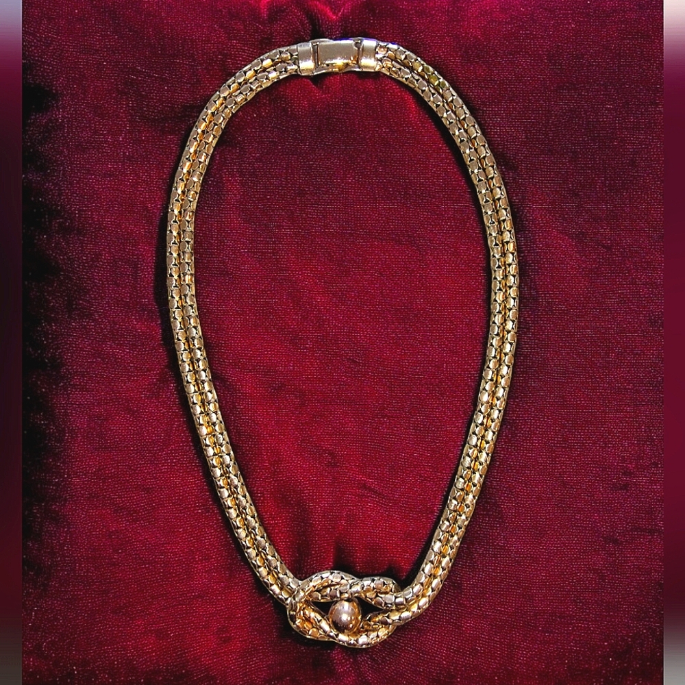 Bigney 1/20 12KT Gold Filled Mesh Double Chain Knot Choker Necklace Signed
